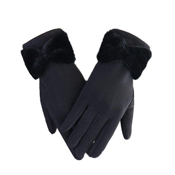 Grandest Birch 3 Pair Bowknot Decor Thickened Solid Color Women Gloves Autumn Winter Double sided Fleece Driving Gloves Black
