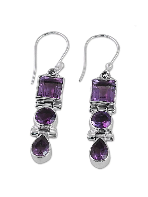 3 Pairs Vintage Women Pear/Round/Square Faux Amethyst Plated Drop Dangle Hook Earrings,Purple