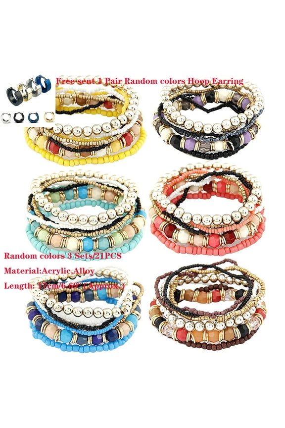 3 Sets/21PCS Women Boho Bohemian Mix Style Multilayer Elastic Beaded Bracelets for Banquet Party