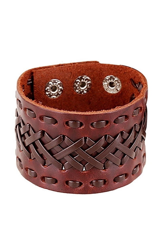 3PCS Men's Women's Punk Braid Faux Leather Wide Cuff Bracelet Button Wristband Bangle,Brown
