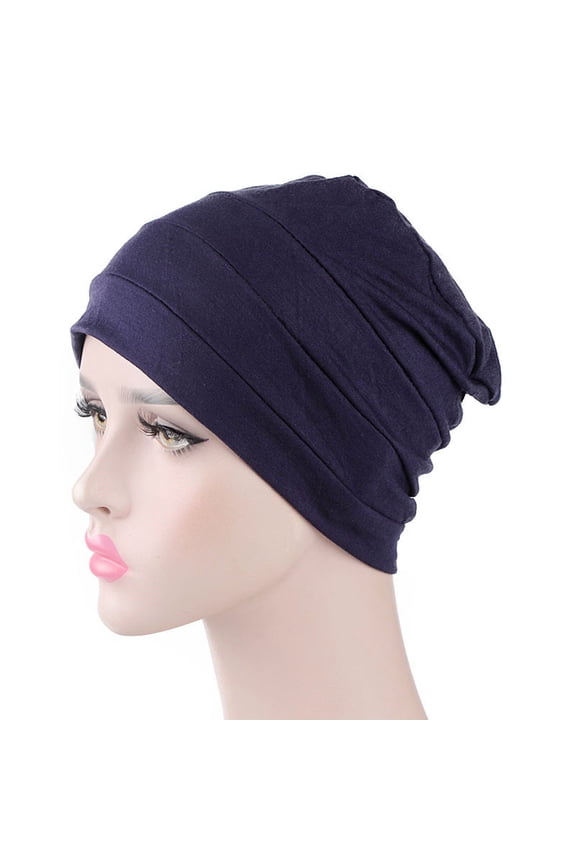 3PCS Solid Color Men Women Pleated Cotton Beanie Cap Hair Loss Sleeping Chemo Hat,Navy Blue