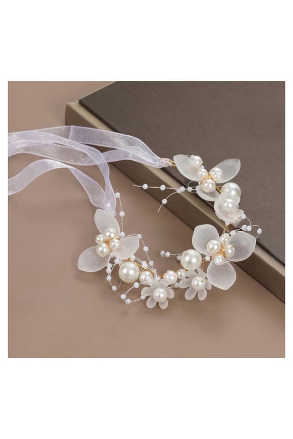 3PCS Women Flower Hairband Adjustable Faux Pearl Anti-slip Princess Style Fairy Girls Flower Children Wreath Photo Prop Bridal Wedding Headband Flower Crown Hair Accessories White
