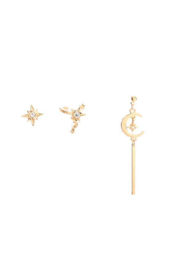 3Pcs Women Rhinestone Star Moon Bar Ear Studs Earrings Set Party Jewelry Alloy, Rhinestone Gold