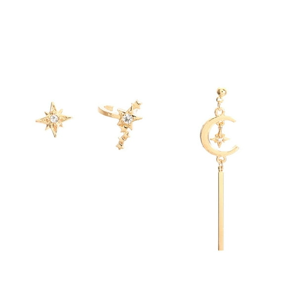 Grandest Birch 3Pcs Women Rhinestone Star Moon Bar Ear Studs Earrings Set Party Jewelry Alloy, Rhinestone Gold