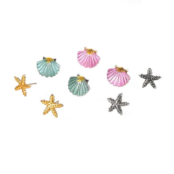 Grandest Birch 4 Pairs Boho Women Starfish Shell Stud Earrings Set Summer Jewelry Accessories Alloy Multi-color