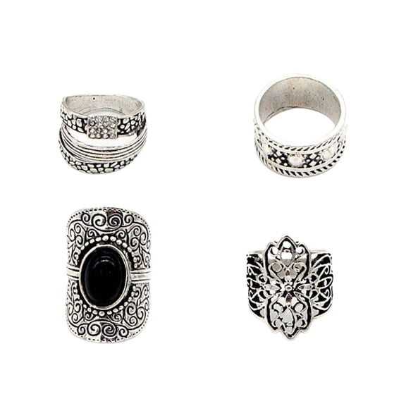 Grandest Birch 4Pcs/Set Wide Ethnic Style Unisex Rings Alloy Hollow Carved Pattern Knuckle Rings Jewelry Accessaries Alloy Silver