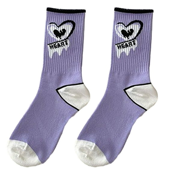 Grandest Birch 5 Pairs Mid-calf Socks Korean Heart Embroidery Kawaii Hip Hop Color Matching Anti-slip Soft No Odor Sweat Absorption Lady Four Seasons Sports Socks Purple