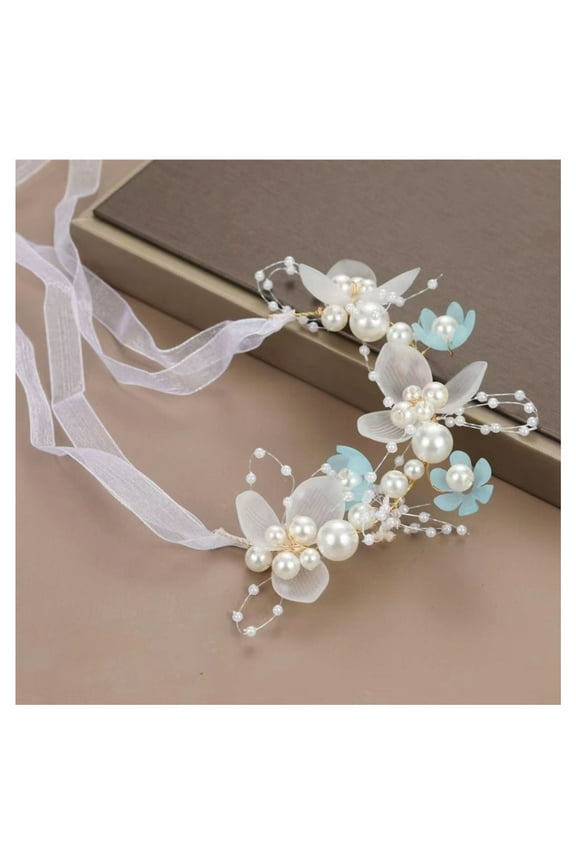 5PCS Women Flower Hairband Adjustable Faux Pearl Anti-slip Princess Style Fairy Girls Flower Children Wreath Photo Prop Bridal Wedding Headband Flower Crown Hair Accessories Blue