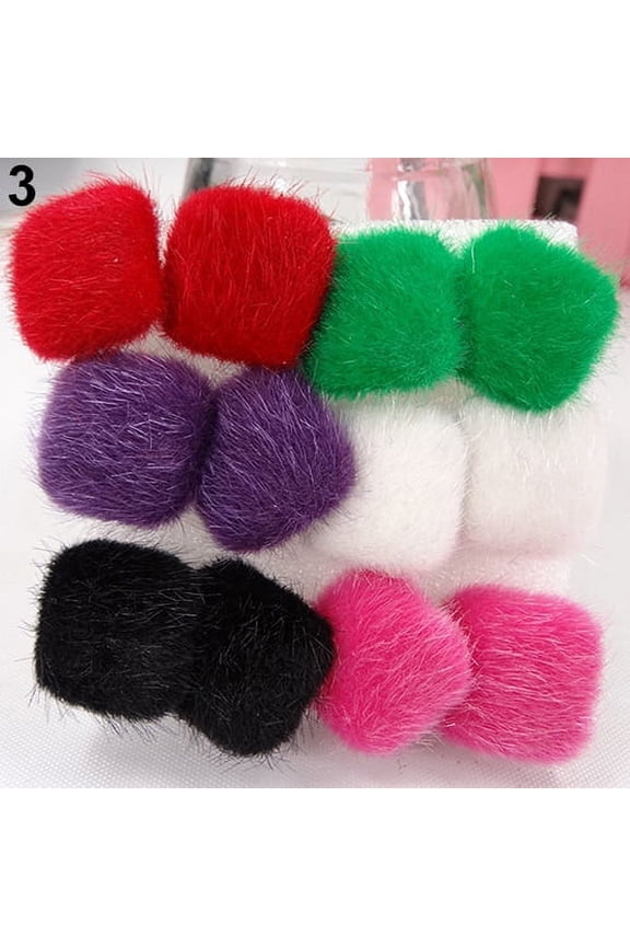 6 Pairs/Set Warm Furry Square Round Star Heart Plastic Stick Earrings Plastic, Fleece Pink