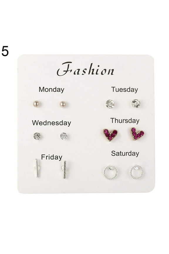 6 Pairs Women Snowflake Heart Star Leaf Faux Gem Ear Stud Earrings Jewelry Gift Alloy, Faux Gem Clear