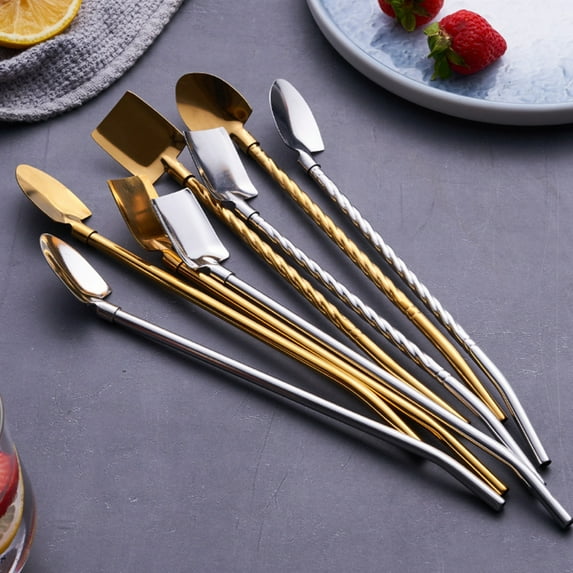 Grandest Birch 8PCS Straw Spoon with Long Handle Reusable Sturdy Multi-functional Stainless Steel Kitchen Tools Fruit Spoons for Dining Room