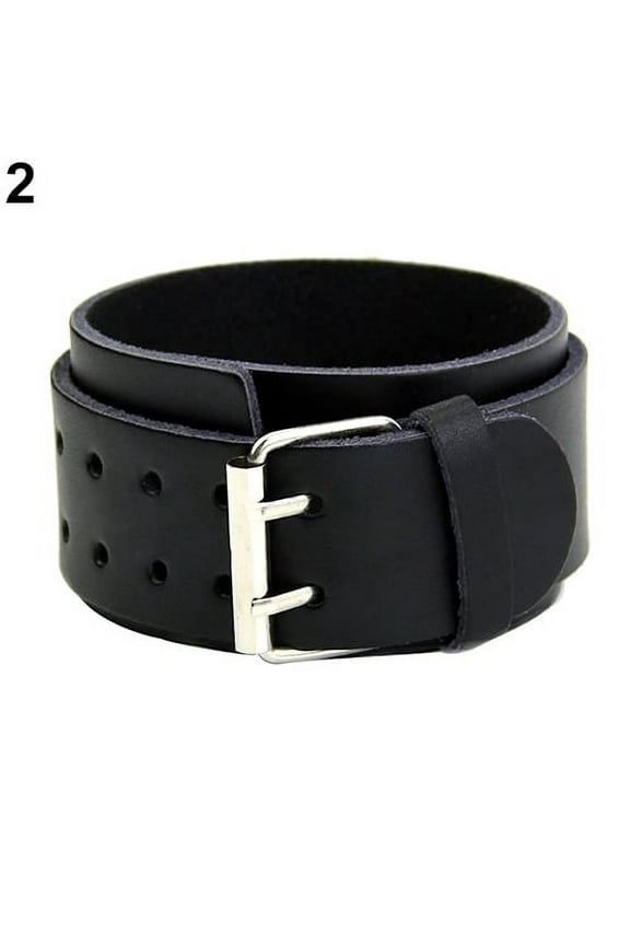 Adjustable 2 Layers Men's Faux Leather Wristband Buckle Cuff Bangle Bracelet Faux Leather Black