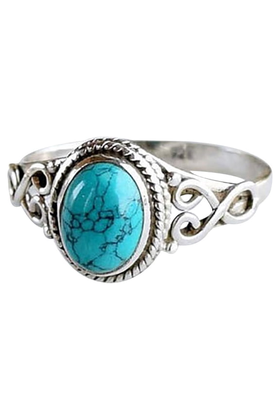 Antique Turquoise Natural Gemstone Bride Wedding Engagement Vintage Ring Gift Alloy, Stone Blue