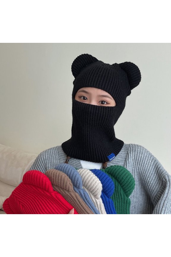 Bear Ears Solid Color Ear Knitted Scarf Cap Unisex Winter Outdoor Riding Integrated Scarf Beanie Hat Costume Accessories
