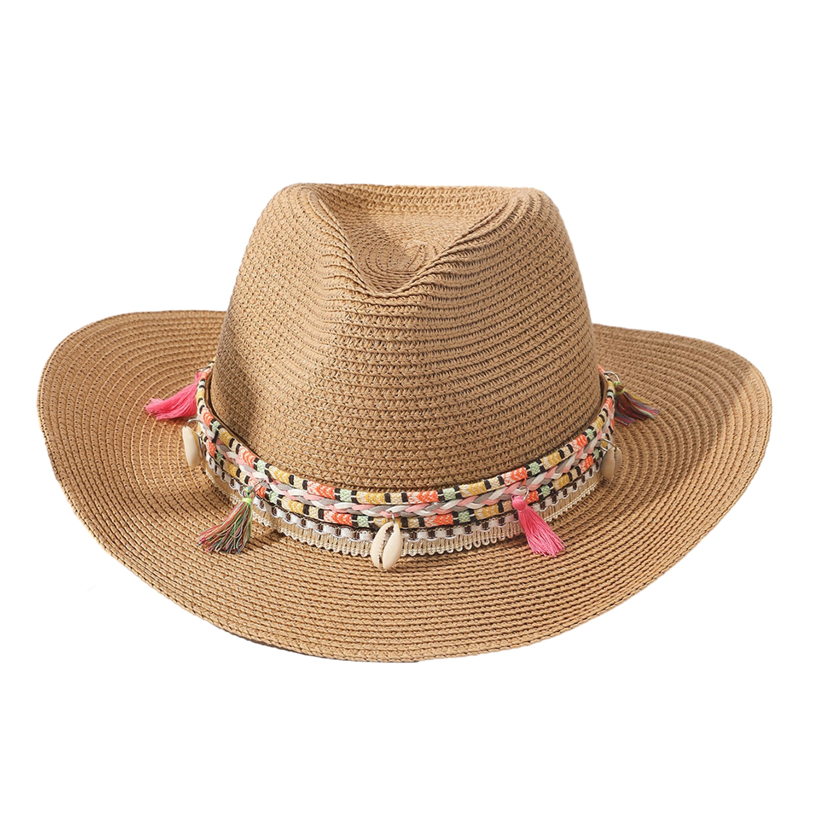 Chain & Tassel Decor Straw Hat Coastal Cowgirl Straw Hat With Red Gemstone and Seashells  main image 4