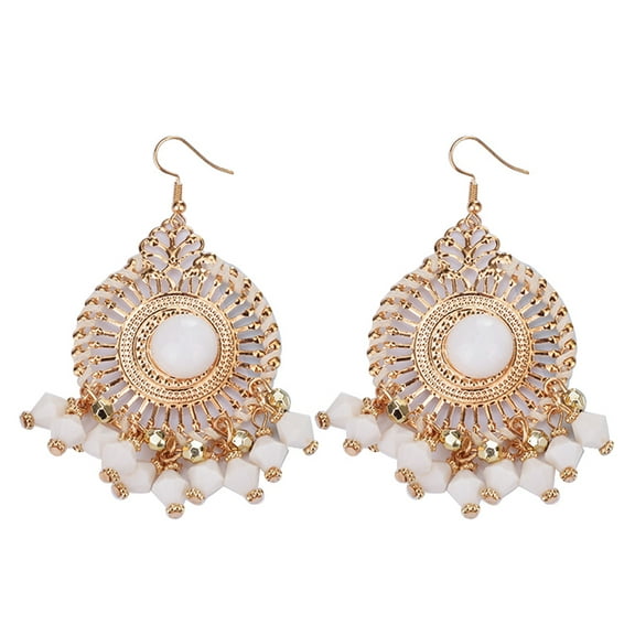 Grandest Birch Bohemia Women Retro Tassel Beads Round Drop Dangle Hook Earring Jewelry Alloy White