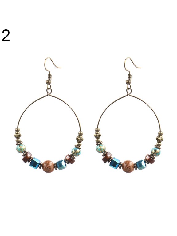 Bohemian Big Circle Wooden Beads Hook Earrings Women Ethnic Faux Turquoise Jewelry Alloy + Wood + Faux Turquoise Cl