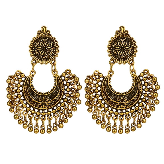 Grandest Birch Bohemian Semicircle Round Balls Tassel Carving Flower Women Dangle Stud Earrings Alloy Gold