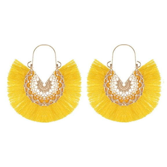 Grandest Birch Bohemian Women Fan Shaped Tassel Fringe Flower Dangle Drop Hoop Earrings Jewelry Alloy, Tassel Yellow