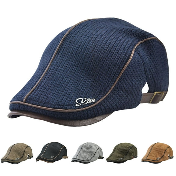 Grandest Birch British Style Adjustable Buckle Thickened Fleece Lining Beret Hat Winter Flat Peaked Mid-aged Men Knitting Forward Hat Costume Accessories