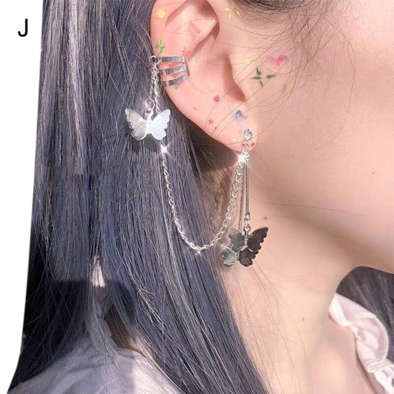 Grandest Birch Clip Earring Hollow Out Leaf Non-Piercing Jewelry Vintage Bright Luster Fake Cartilage Earring for Club Alloy Blue