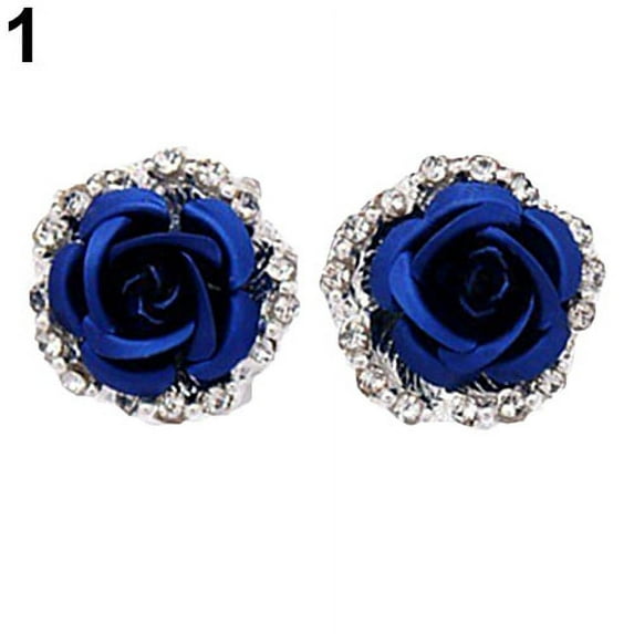 Grandest Birch Elegant Rose Flower Rhinestone Ear Stud Clip Earrings Women Piercing Jewelry Alloy, Rhinestone Blue