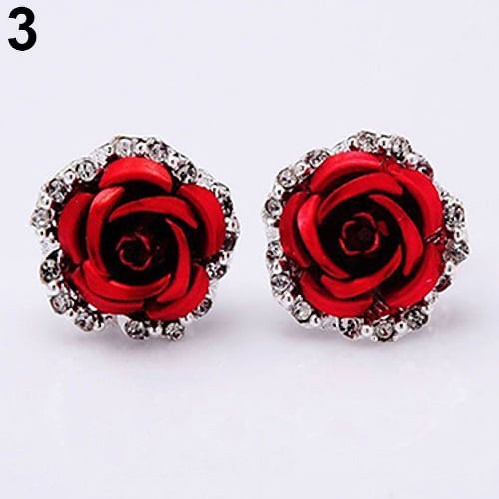 Gorgeous 3D Rose Flower Rhinestone Drop Earrings – Sparkly Statement Earrings For Weddings & Parties
