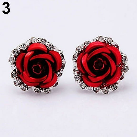 Grandest Birch Elegant Rose Flower Rhinestone Ear Stud Clip Earrings Women Piercing Jewelry Alloy, Rhinestone Red