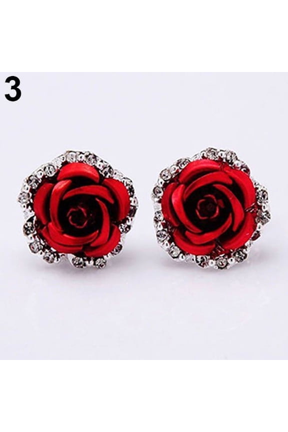 Elegant Rose Flower Rhinestone Ear Stud Clip Earrings Women Piercing Jewelry Alloy, Rhinestone Red