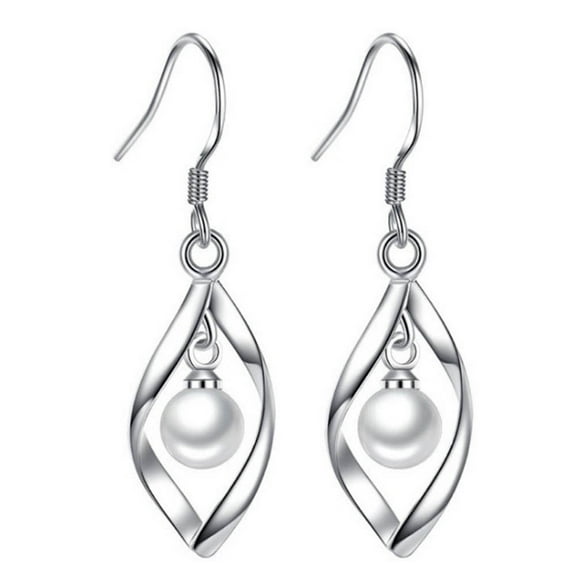 Grandest Birch Elegant Women Faux Pearl Rotating Dangle Hook Earrings Wedding Jewelry Gift Alloy, Faux Pearl Silver