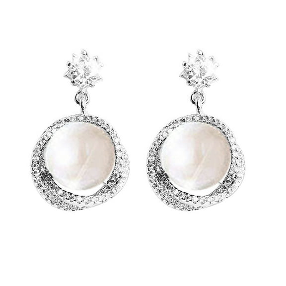 Grandest Birch Elegant Women Rhinestone Faux Pearl Circle Dangle Ear Stud Earrings Jewelry Gift Alloy, Faux Pearl, Rhinestone Whit
