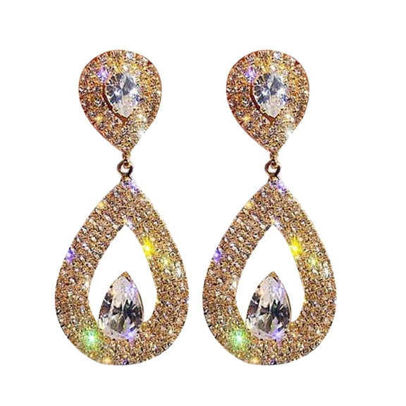 Grandest Birch Elegant Women Rhinestone Heart Teardrop Dangle Ear Drop Earrings Party Jewelry Alloy, Rhinestone Gold