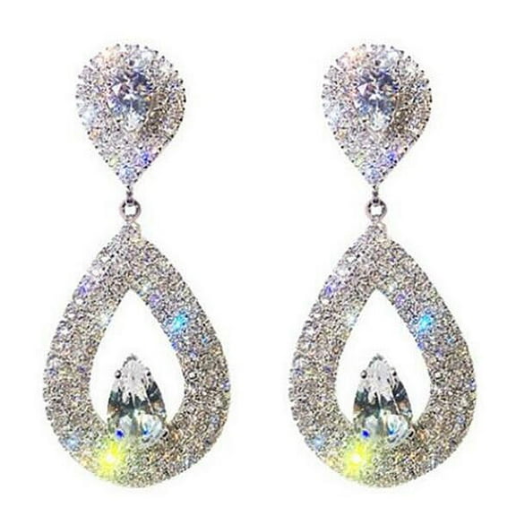Grandest Birch Elegant Women Rhinestone Heart Teardrop Dangle Ear Drop Earrings Party Jewelry Alloy, Rhinestone Silver