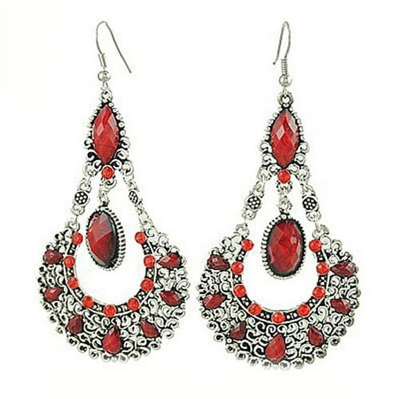 Grandest Birch Ethnic Vintage Lady Rhinestone Dangle Hook Chandelier Statement Earrings Jewelry Alloy, Rhinestone Red