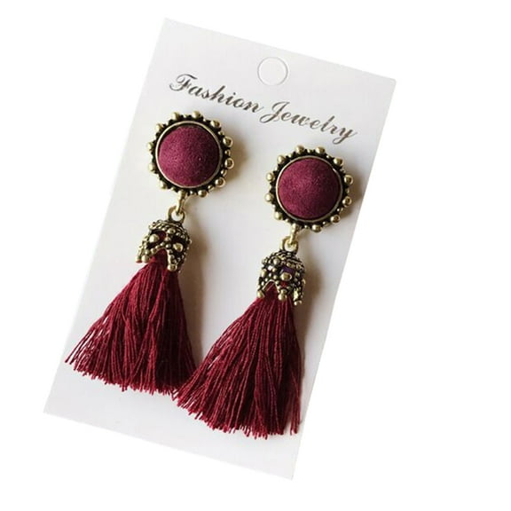 Grandest Birch Ethnic Women Long Tassel Dangle Drop Stud Earrings Valentine's Day Gift Jewelry Alloy Red