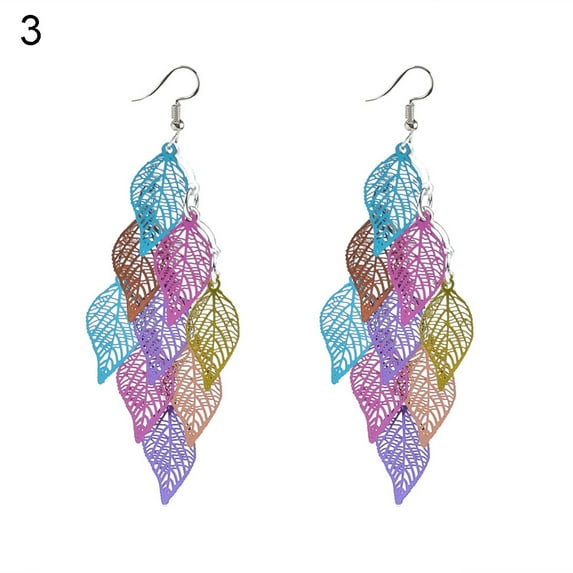 Grandest Birch Lady Colorful Multi Layers Hollow Leaf Elegant Hook Earrings Jewelry Decor Alloy Silver