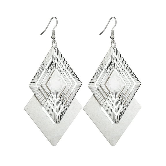 Grandest Birch Matte Hollow Double Layer Jewelry Rhombus Long Dangle Hook Earrings Alloy Silver