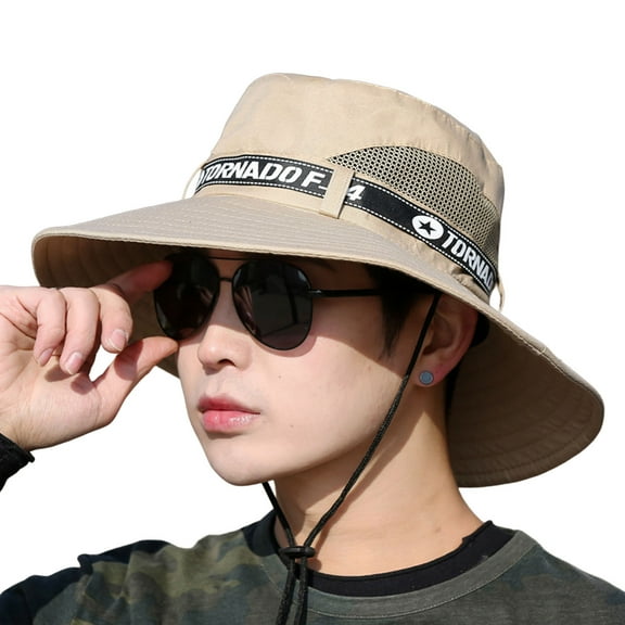 Grandest Birch Men Outdoor Hat Sunscreen Wide Brim Flat Top Round Letter Print Anti-UV Windproof Strap Hollow Out Men Fisherman Hat Headwear ,Gift