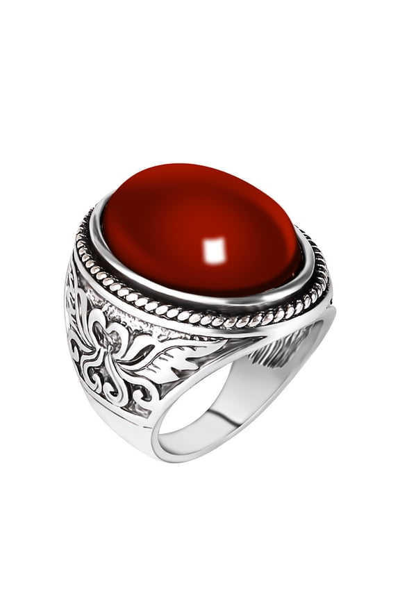 Men Vintage Artificial Gem Carving Band Finger Ring Jewelry Party Banquet Gift Alloy,Faux Gem Red