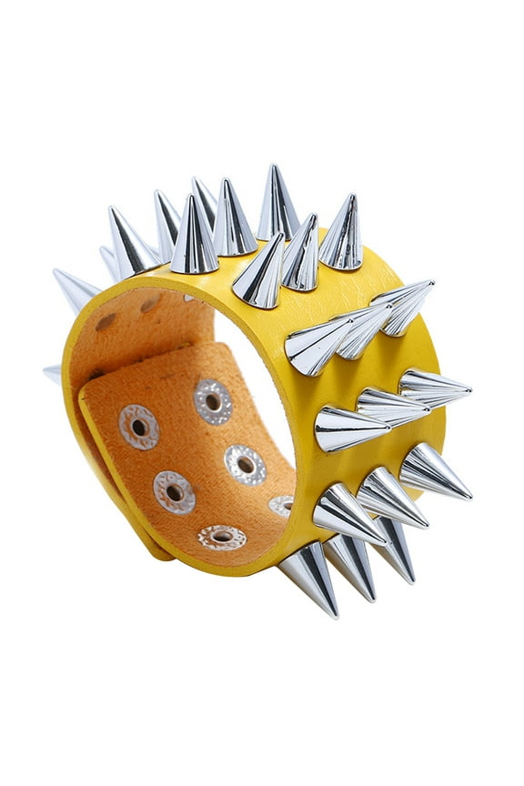 Punk Men Women Faux Leather Multiple Spikes Bracelet Bangle Jewelry Wrist Decor Faux Leather, Alloy Yellow