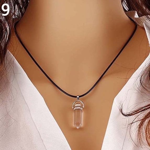 Grandest Birch Reiki Chakra Healing Natural Quartz Hexagonal Pointed Charm Pendant Necklace Alloy, Faux Leather, Natural Quartz Cl