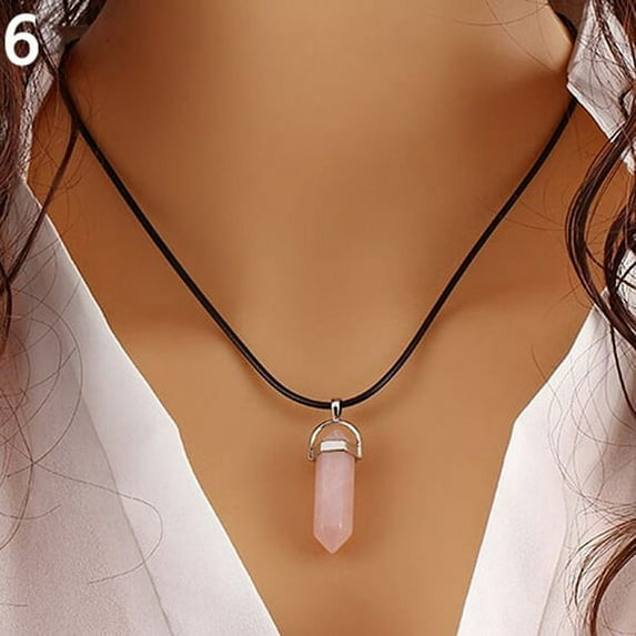 Grandest Birch Reiki Chakra Healing Natural Quartz Hexagonal Pointed Charm Pendant Necklace Alloy, Faux Leather, Natural Quartz Pi
