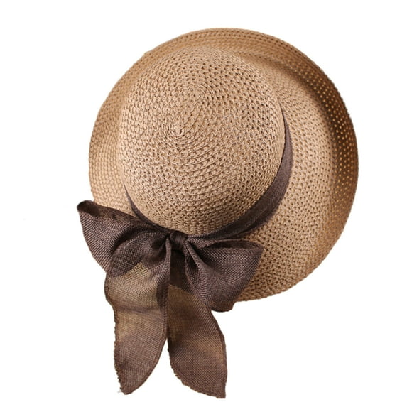 Grandest Birch Ribbon Bowknot Decor Straw Hat Round Dome Solid Color Folding Women Big Brim Sunscreen Travel Hat Accessories ,Gift