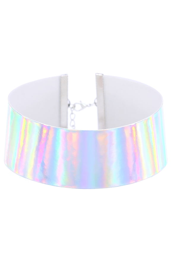 Unique Holographic Choker Women Handmade Laser Rainbow Punk Gothic Necklace Laser Faux Leather, Alloy White