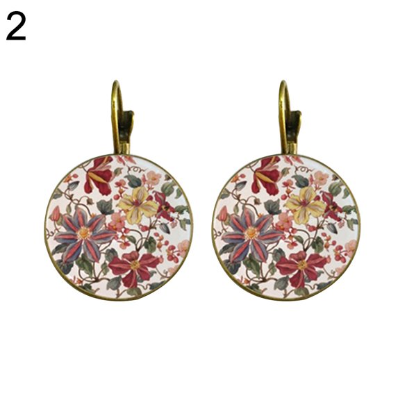 Grandest Birch Vintage Flower Printed Round Pendant Women Leverback Earrings Party Jewelry Alloy, Glass Brown