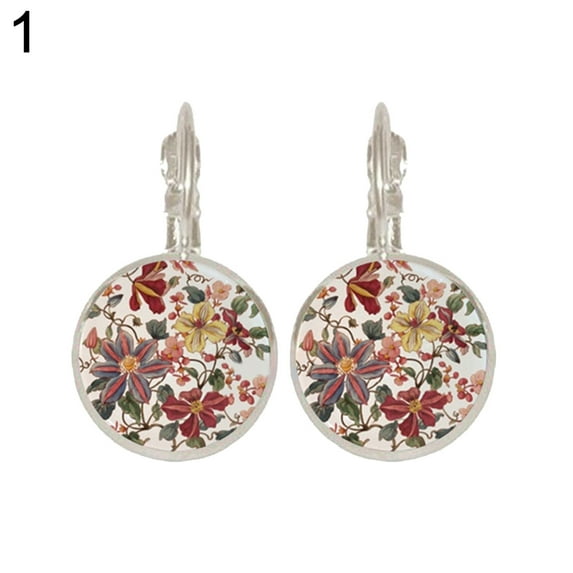 Grandest Birch Vintage Flower Printed Round Pendant Women Leverback Earrings Party Jewelry Alloy, Glass Silver