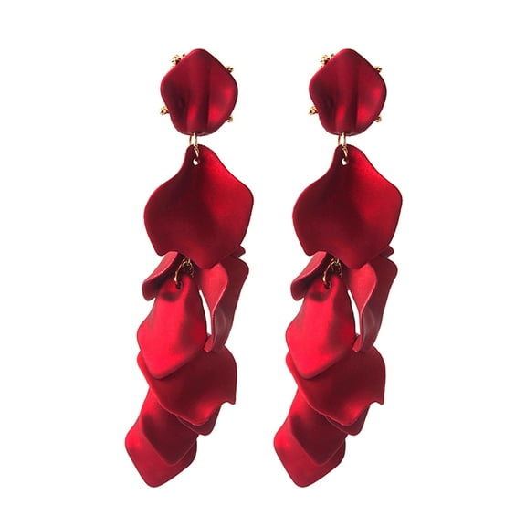 Grandest Birch Vintage Lady Resin Rose Flower Petals Dangle Long Ear Stud Earrings Jewelry Gift Plastic/Resin Red