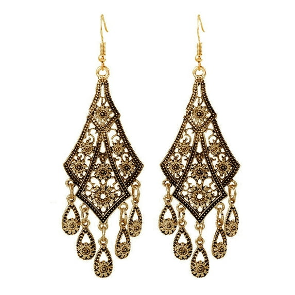 Grandest Birch Vintage Women Chandelier Eardrops Hollow Leaves Tassels Dangle Hook Earrings Alloy Black