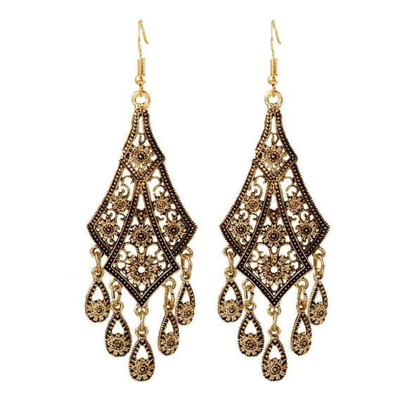 Grandest Birch Vintage Women Chandelier Eardrops Hollow Leaves Tassels Dangle Hook Earrings Alloy Black