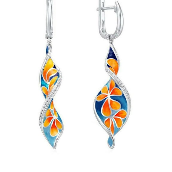 Grandest Birch Vintage Women Rhinestone Inlaid Spiral Enamel Plumeria Dangle Earrings Jewelry Copper, Platinum Electroplated, Rhin